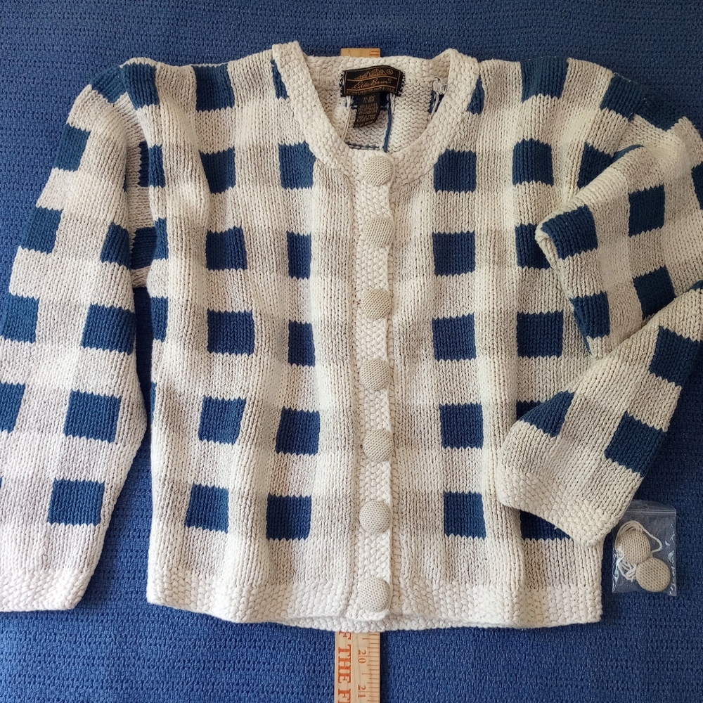 Eddie Bauer Blue and Cream Buttoned Crew Neck Sweater, Silk/Cotton/Linen.
